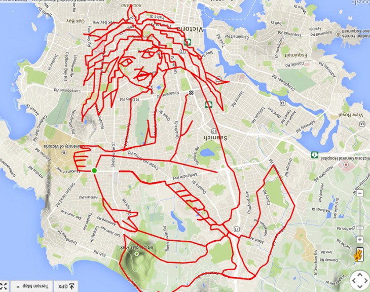 garabato en forma de sirena hecho con el recorrido en GPS de un ciclista 