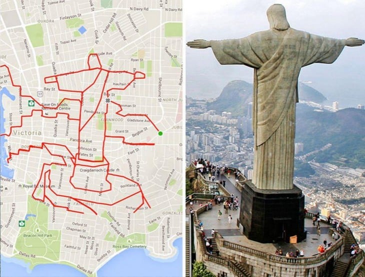 dibujo del cristo redentor del río de janeiro formado por un recorrido Gps en bicicleta 