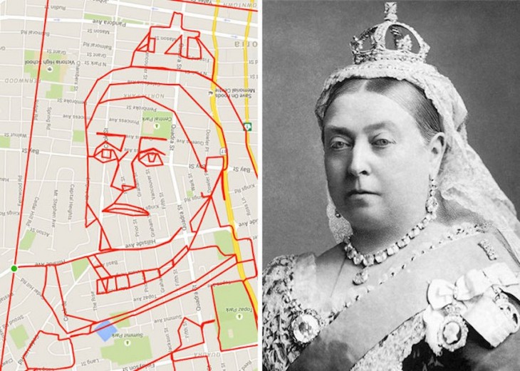 dibujo de la reina Victoria hecho por un recorrido gps en bicicleta 