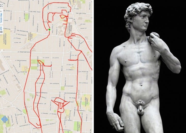 dibujo de la famosa estatua de David hecha con un recorrido gps en bicicleta 