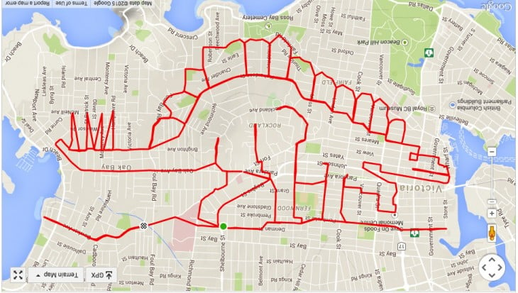 dibujo de dinosaurio formado con un recorrido en GPS de un ciclista Canadiense 