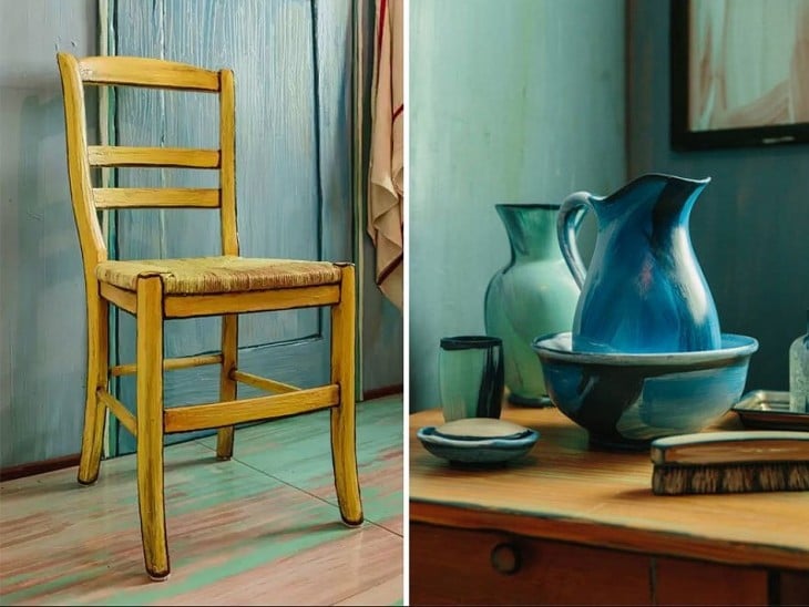 Silla y artículos de la habitación de Van Gogh en una exposición de Chicago