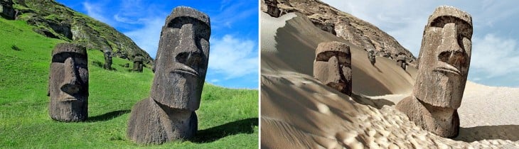 imagen del antes y después de una posible sequía en la Isla de Pascua, Chile 