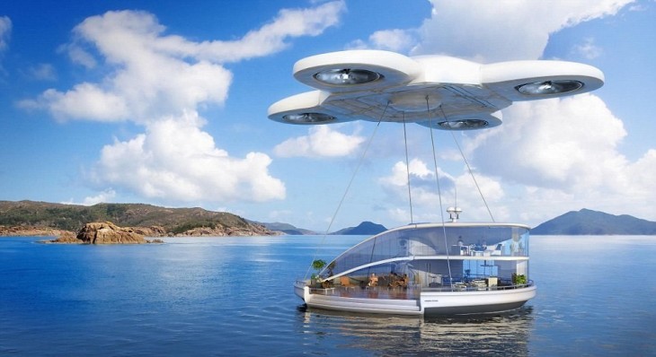 imagen de un enorme drone cargando una ciudad que esta flotando en el mar 