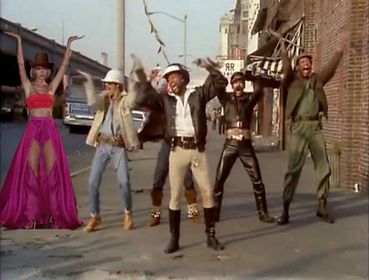 photoshop de Taylor Swift bailando YMCA con el grupo Village People