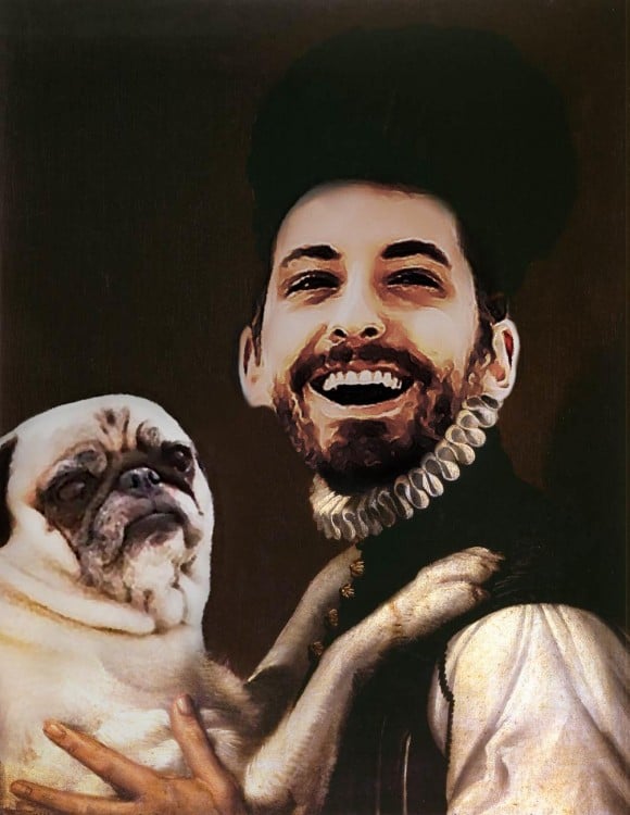 Batalla de photoshop a este hombre y su perro pug como una pintura vestidos de la edad media 