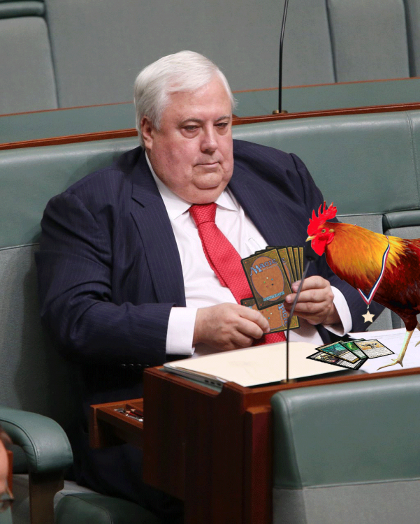Photoshop del político Clive Palmer jugando cartas con un gallo 