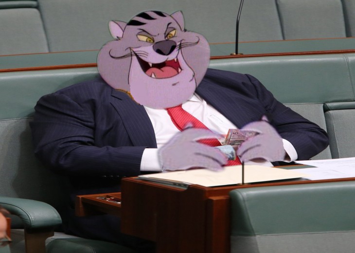 photoshop de un gato de disney al político australiano Clive Palmer en el parlamento 