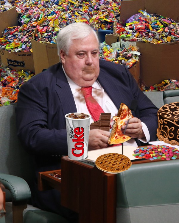 phothosop de Clive Palmer en el parlamento comiendo y rodeado de muchas golosinas 