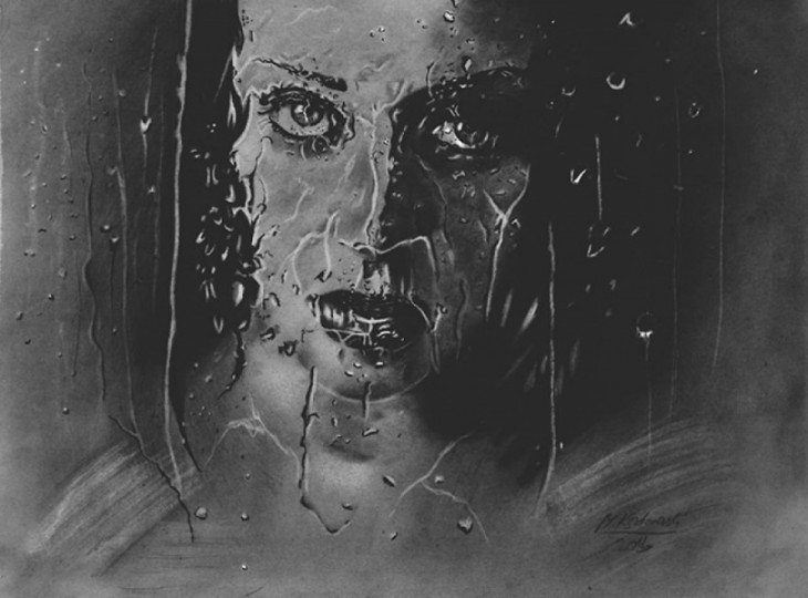 dibujo de una mujer detrás de gotas de agua por parte de Mariusz Kedzierski