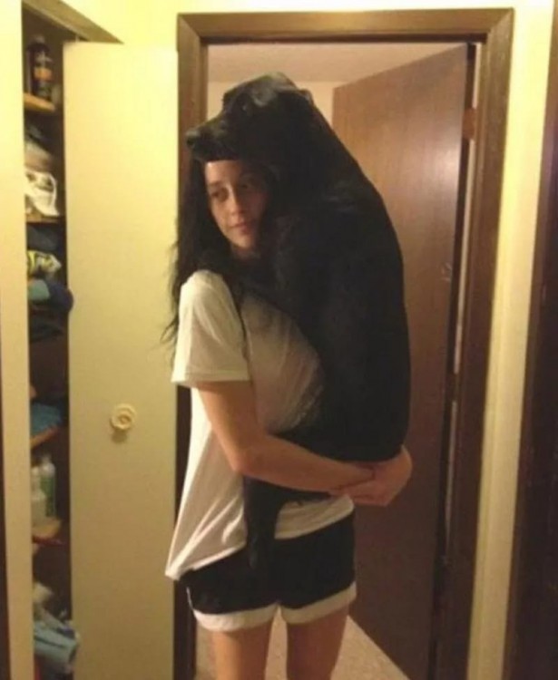 chica parada cargando a su perro 