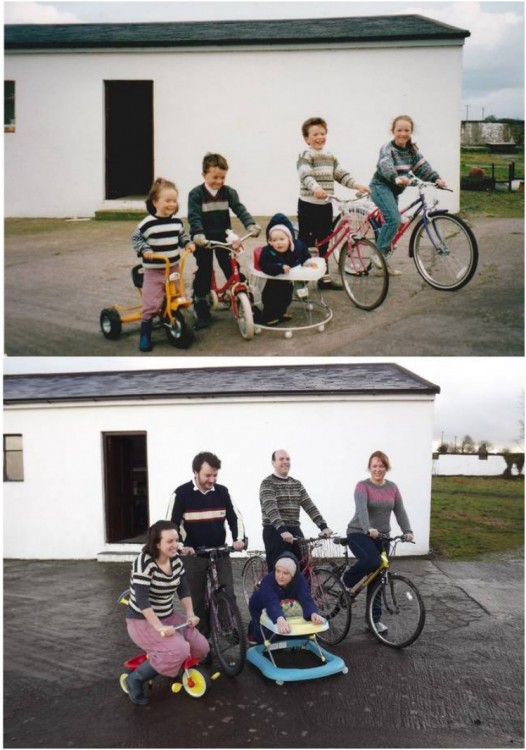 fotografía del antes y después de primos en sus juguetes 