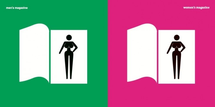 ilustración que muestra la diferencia entre la revista para un hombre y la revista para una mujer 