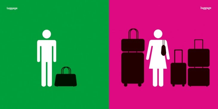 imagen que muestra la diferencia entre el equipaje de un hombre y el equipaje de una mujer 