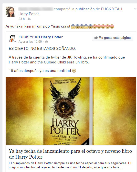 Chica de Facebook no puede creer que vaya haber un nuevo libro de Harry Potter