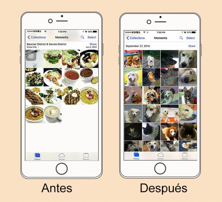 ilustración de las imágenes en tu celular antes y después de tener mascotas 