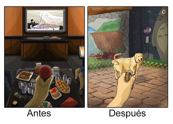 Ilustración que muestra tu pasatiempo antes y después de tener mascotas 