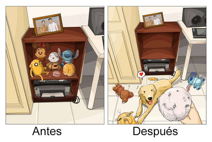 ilustración que refleja tus juguetes antes y después de tener un perro en casa 