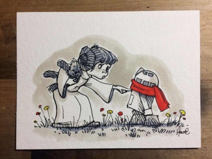 ilustración de la princesa leía con R2D2 de star wars con los personajes de winnnie pooh 