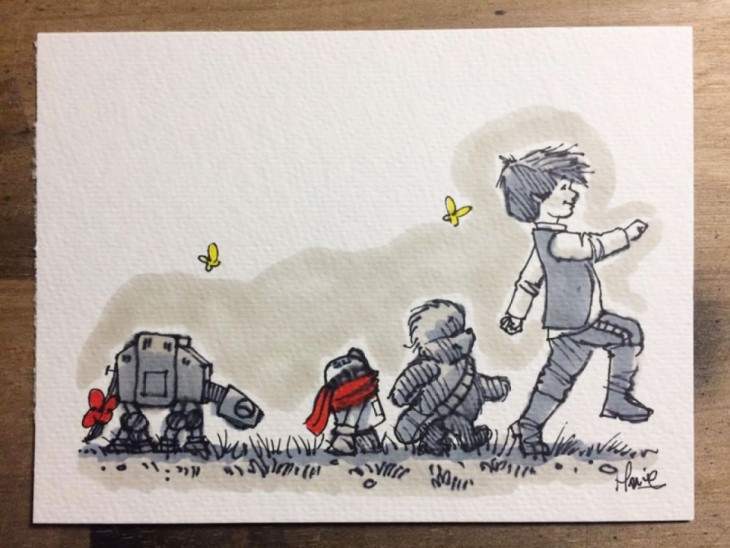 ilustración de los personajes animados de Winnie Pooh recreando los personajes de Star Wars 