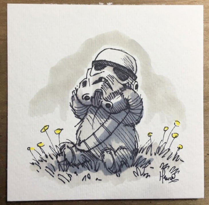 combinación de los personajes de winnie pooh con star wars de un soldado imperial 