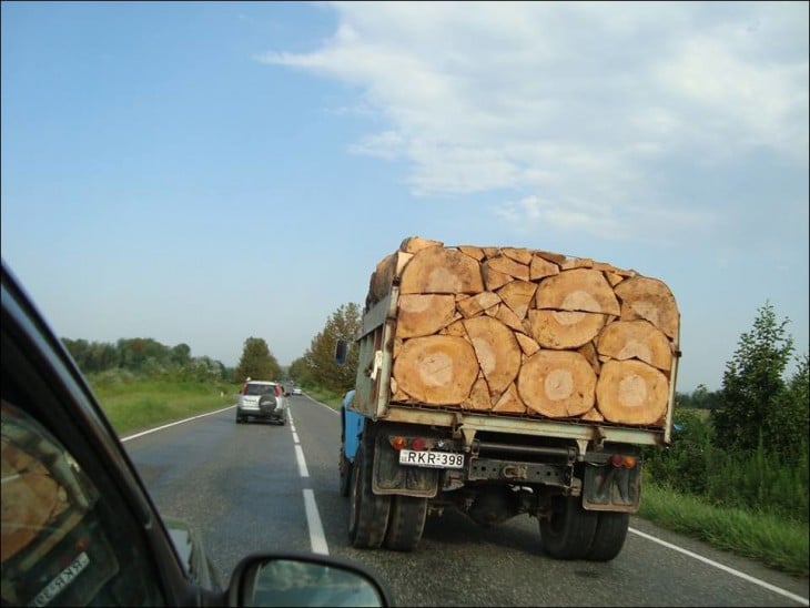 Camión en una carretera con trozos de madera en perfecto orden 