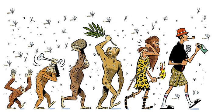 ilustración de la evolución del hombre espantándose los animales 