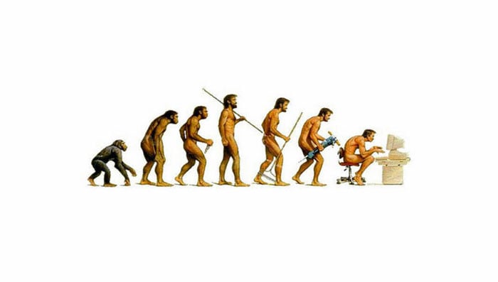 Ilustración que muestra la evolución del hombre hasta llegar a las computadoras 
