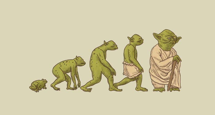 Ilustración que muestra la evolución de Yoda personaje de Star Wars 
