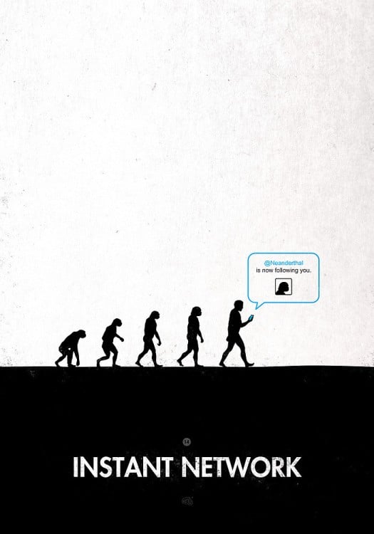 Ilustración de la evolución del hombre hasta llegar al twitter 