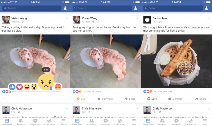Capturas de pantalla que nos muestra las cinco nuevas reacciones de Facebook 