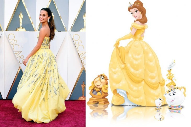 Meme del vestido de Alicia Vikander en los premios Oscar comparado con el de la princesa Bella 