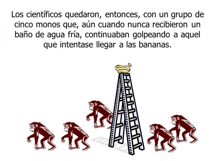 ilustración muestra la parábola de los cinco monos conocida como "Resistencia al cambio" 
