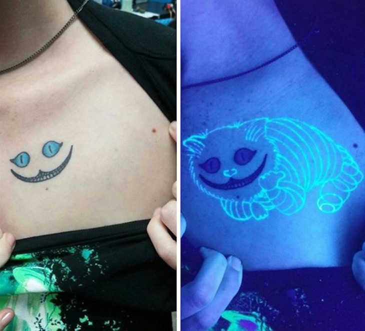 tatuaje ultravioleta del gato sonriente de Alicia en el país de las maravillas 