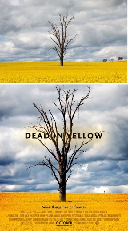 paisaje convertido en el poster falso de una película titulada "Dead In Yellow"