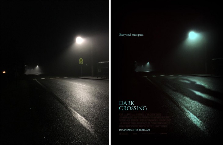 paisaje oscuro convertido en un poster falso de película titulado "Dark Crossing"