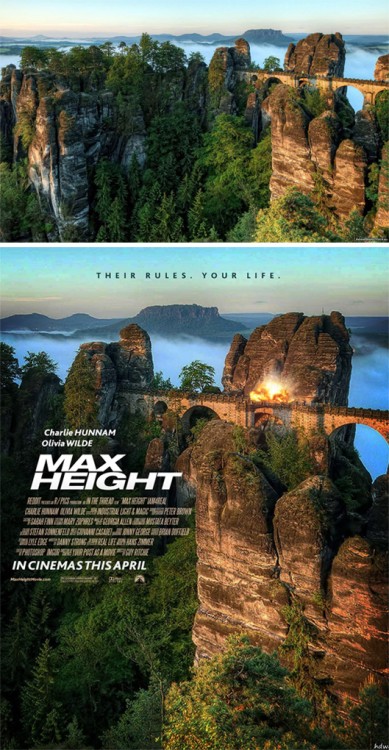 paisaje de un tren por unas montañas convertido en un poster falso titulado "Max Height" 