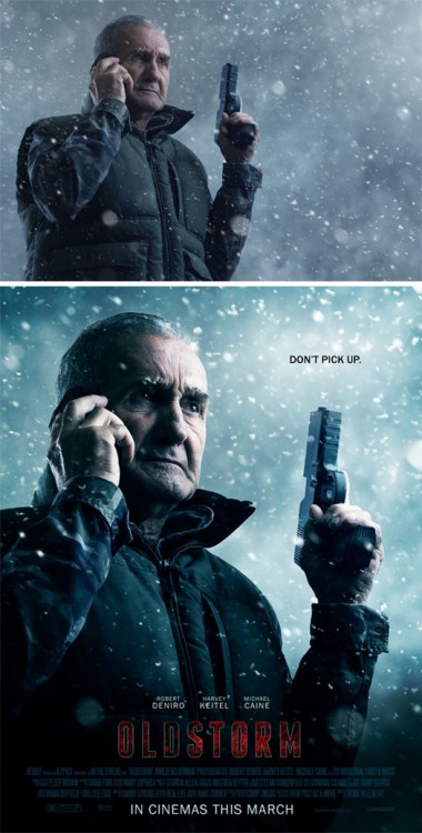 fotografía de una hombre con una pistola convertida en el poster de una película titulada "Oldstorm"