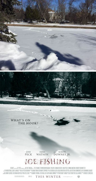 Imagen de una sombra en el hielo convertida en el poster de una película titulada "Ice Fishing"