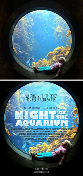 imagen de una niña convertida en el poster "Night at the aquarium"