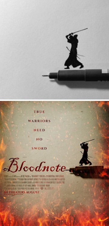 imagen de un samurai sobre una pluma convertido en el poster falso de una película titulada "Bloodnote"