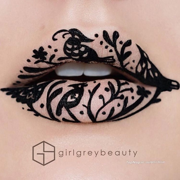 diseño en unos labios con diseño de árboles y pájaros en color negro 