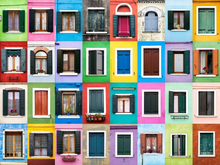 collage que muestra el color y estilos de ventana en Burano por el portugués André Vicente 