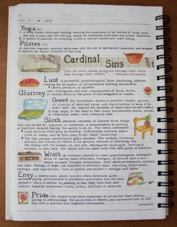 Apuntes con letra perfecta y dibujos bien organizados en una sola hoja de papel 