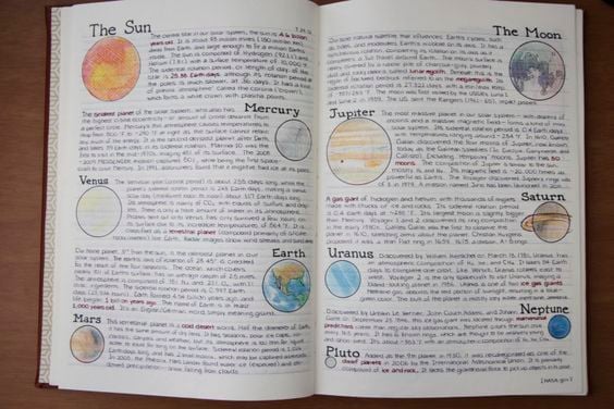 Apuntes acerca del sistema solar perfectamente alineados en una libreta 