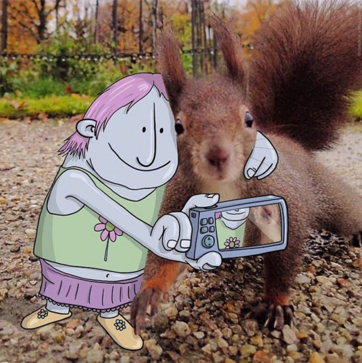 ilustración de un dibujo animado tomándose una selfie con una ardilla 