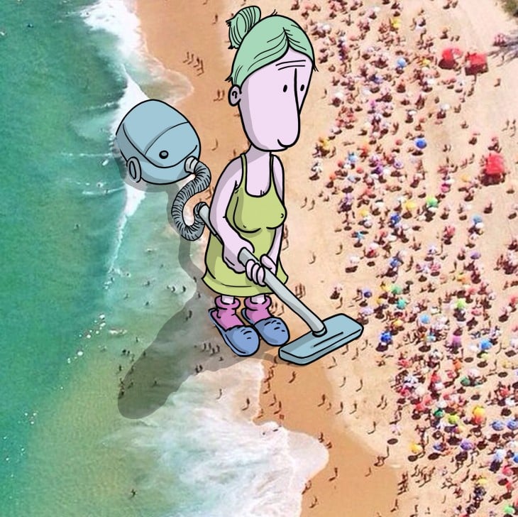 divertida ilustración de una monita gigante a punto de aspirar a las personas en una playa 