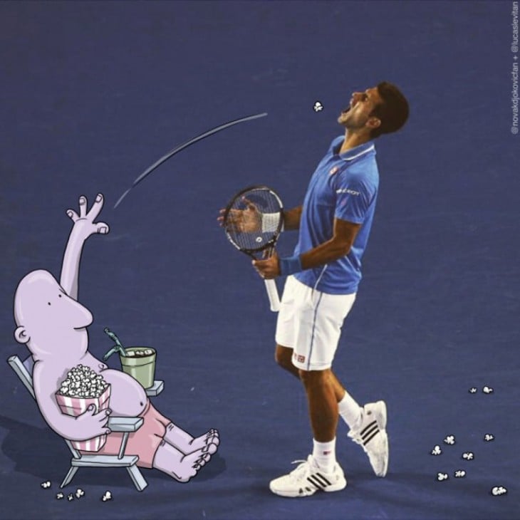 divertida ilustración de un dibujo aventando una palomita a la boca de un tennista famoso 