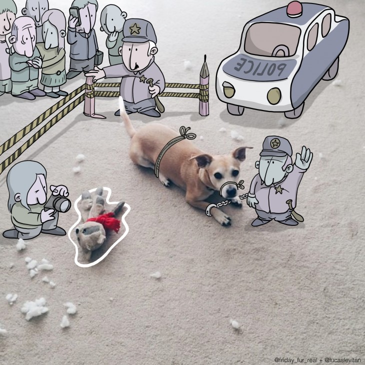 ilustración de un perro arrestado por la policía a lado del cuerpo de un oso de peluche 