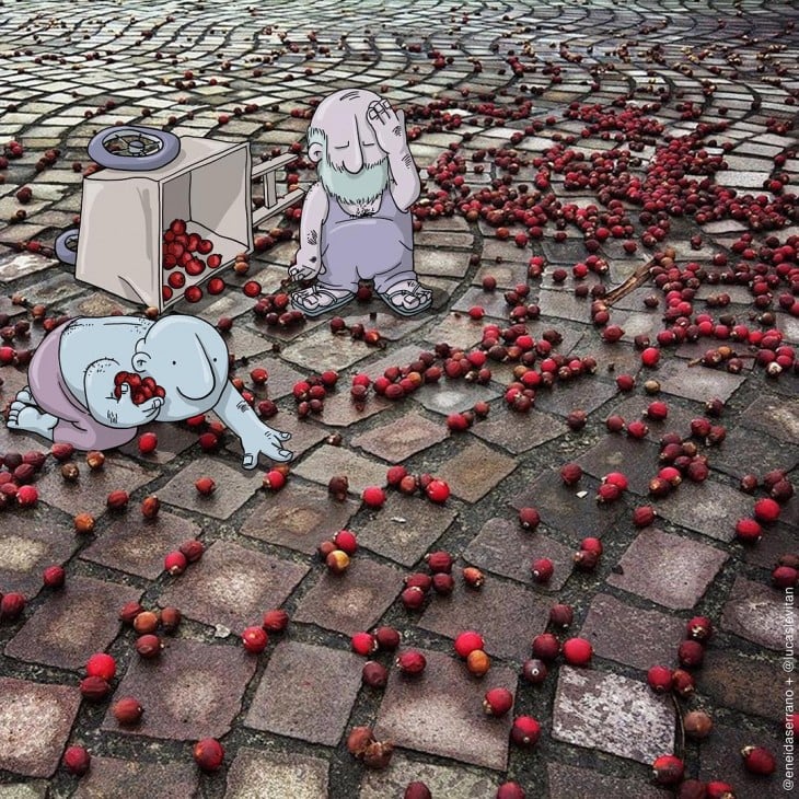 ilustración con dos dibujos rodeados de una fruta roja derramada en el piso 